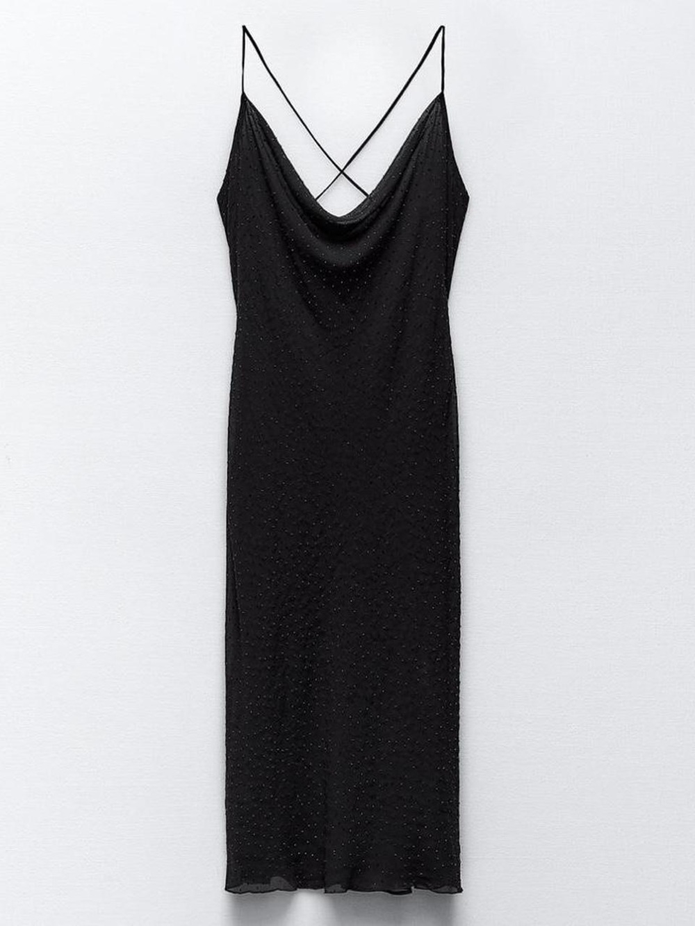 Zara Black Cowl-Neck Slip Dress with Crisscross Straps and Rhinestones